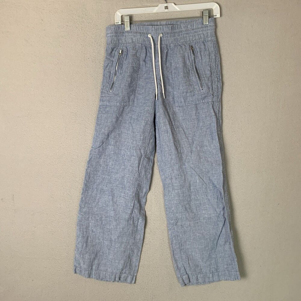 Athleta Pants Womens Cabo Linen Wide Leg Size 2 Chambray Blue Zip Pockets Beach